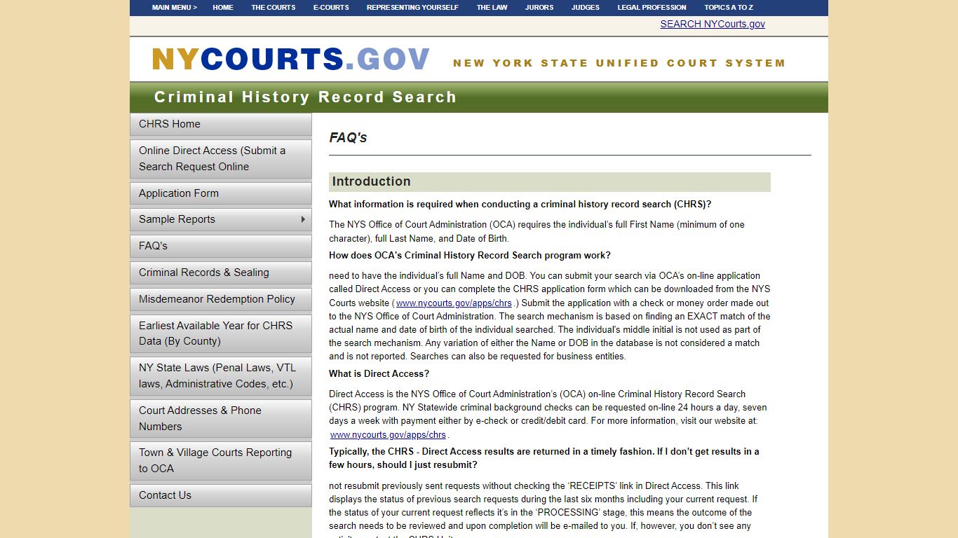 FAQ's - Criminal History Record Search | NYCOURTS.GOV